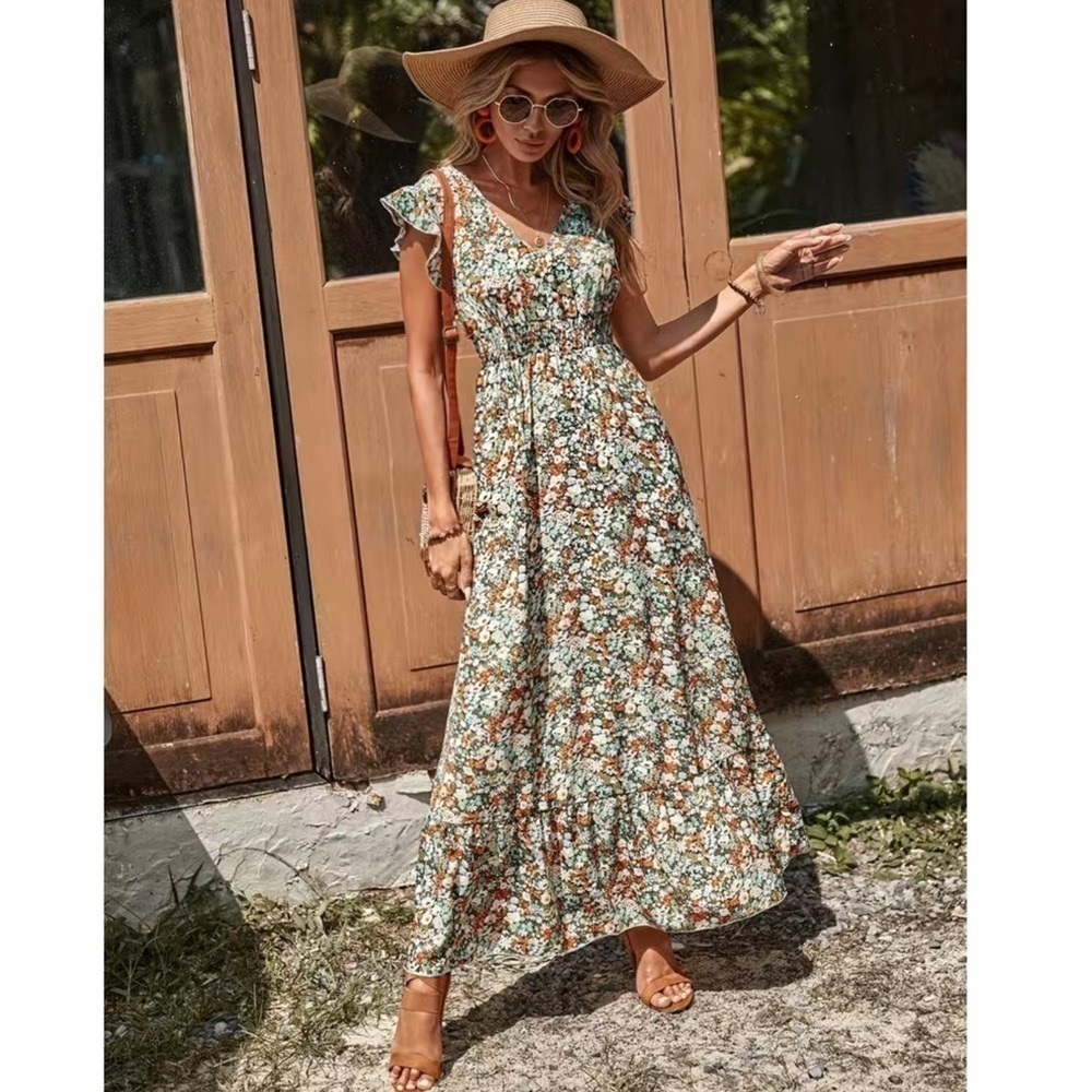 Women’s Floral Ruffle Trim V Neck Smocked Waist Boho Maxi Dress M L XL Nwt